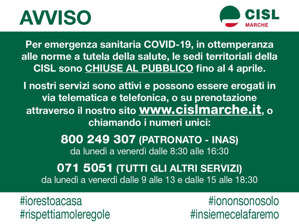 Emergenza Covid, Sedi Cisl chiuse al pubblico fino al 4 aprile 