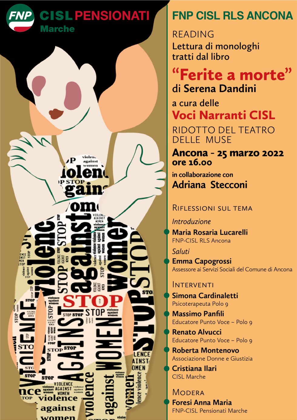 I pensionati della Cisl Marche e di Ancona organizzano un reading contro la violenza di genere 