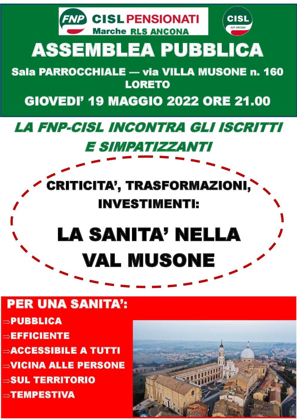 La sanità nella Val Musone. Assemblea pubblica organizzata dai Pensionati Cisl di Ancona