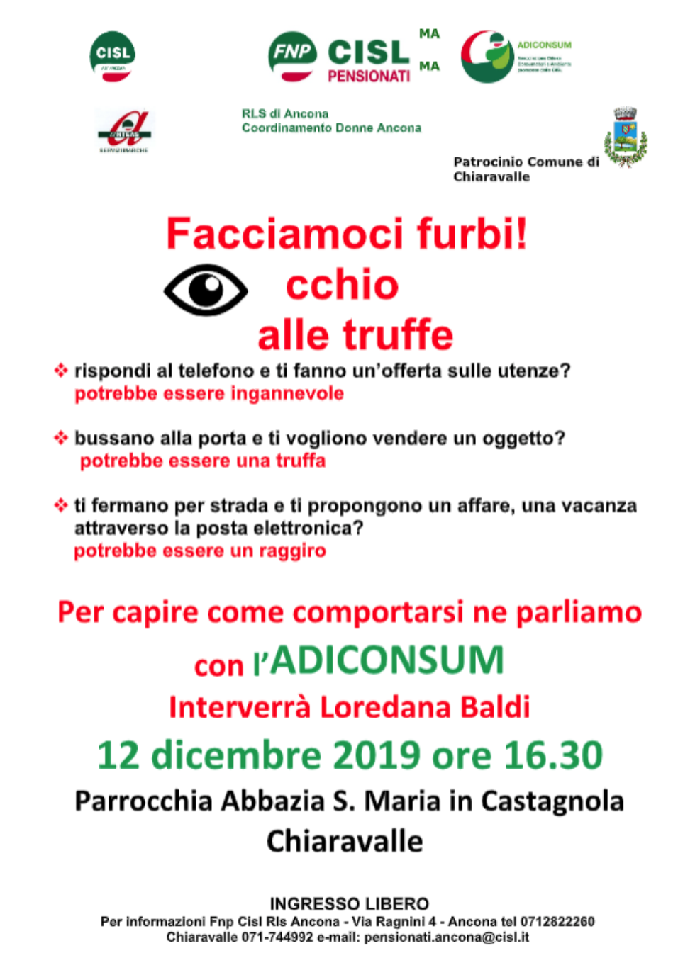 Occhio alle truffe: appuntamento con Adiconsum a Chiaravalle