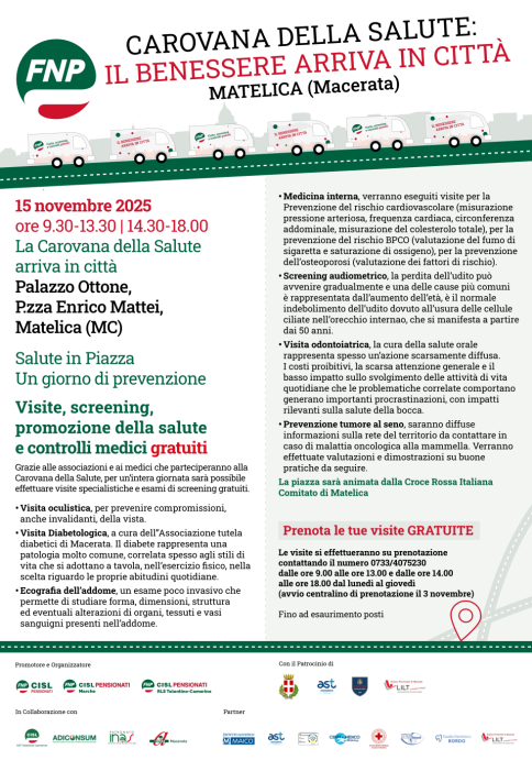 Una giornata per la prevenzione, la Carovana della Salute arriva a Matelica 