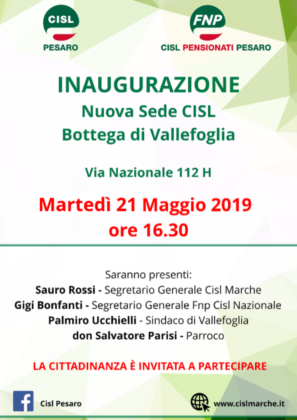 Inaugurazione della nuova sede Cisl a Bottega di Vallefoglia: presente il Segretario Generale Fnp Cisl Gigi Bonfanti